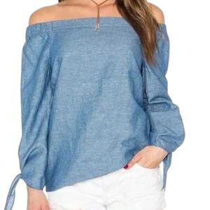 FREE PEOPLE Off The Shoulder Denim Chambray Linen Blend Tunic Top Sz Small